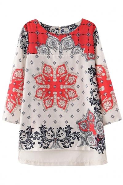 Oasap Vintage Tribal Print White Chiffon Blouse