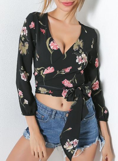 Oasap Deep V Neck Long Sleeve Floral Print Crop Top