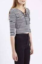 Oasap Color Block Striped Lace-up Front Three Quarter Sleeve Crop Top