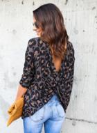 Oasap Round Neck Long Sleeve Leopard Printed Backless Tee