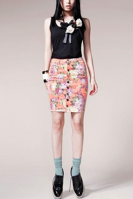 Oasap Flower Printing Single Breasted Skirt