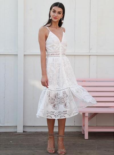 Oasap Fashion Summer Lace Spaghetti Strap Off The Shoulder V Neck Dress