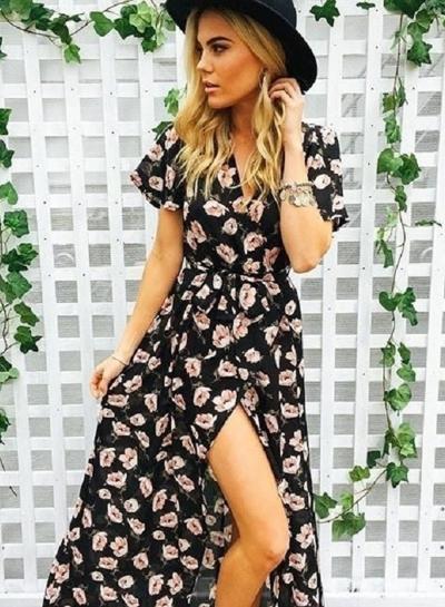 Oasap Floral Printed V Neck Short Sleeve High Split Maxi Dress
