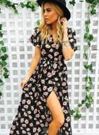 Oasap Floral Printed V Neck Short Sleeve High Split Maxi Dress