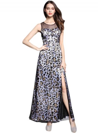 Oasap Sleeveless Leopard Print Side High Slit Prom Dress