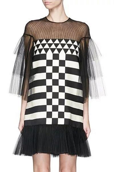 Oasap Fashion Mesh Paneled Plaid Colorblcok Dress