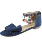 Oasap Peep Toe Bow Ankle Strap Flat Sandals With Pom Pom