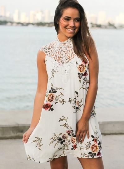 Oasap Floral Print Lace Panel Dress
