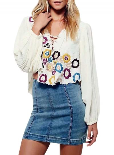 Oasap Women's V Neck Lace Up Floral Embroidery Long Sleeve Blouse