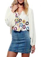 Oasap Women's V Neck Lace Up Floral Embroidery Long Sleeve Blouse