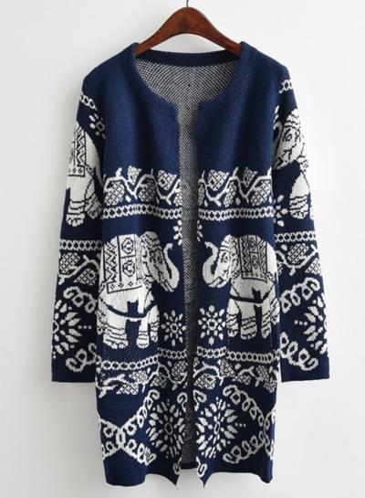Oasap Round Neck Long Sleeve Elephants Patterned Cardigan
