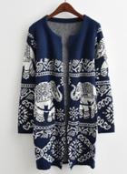 Oasap Round Neck Long Sleeve Elephants Patterned Cardigan