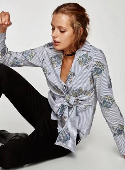 Oasap V Neck Tie Front Floral Printed Stripe Shirt