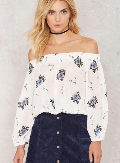 Oasap Off Shoulder Long Sleeve Floral Print Blouse