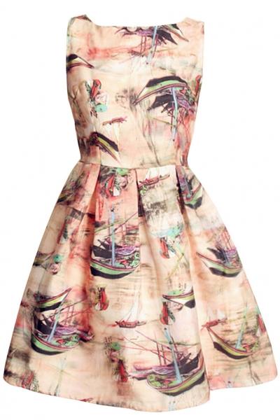 Oasap Little Boat Print Organza Skater Dress