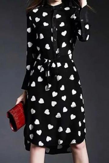 Oasap Cute Sweetheart Print Belted Shirt Dress