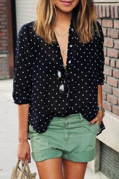 Oasap Chic Polka Dot Print Button Down Shirt