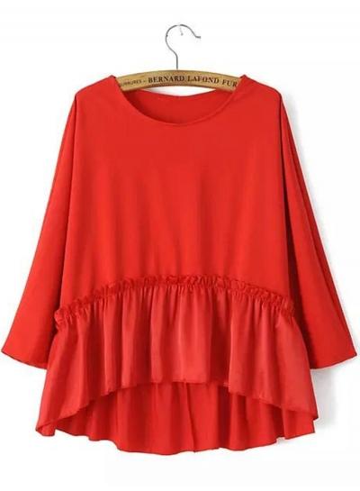Oasap Batwing Sleeve Flounce Hem Solid Blouses