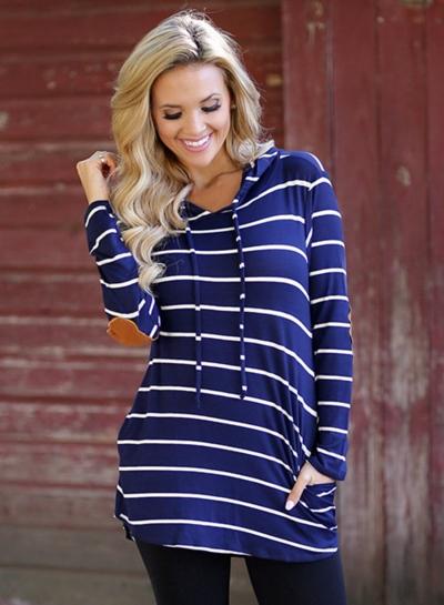 Oasap Striped Long Sleeve Loose Hooded Tee With Pocket