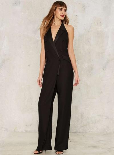 Oasap Black Notch Lapel Halter Jumpsuit