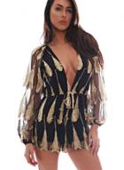 Oasap Fashion V Neck Long Sleeve Romper With Feather