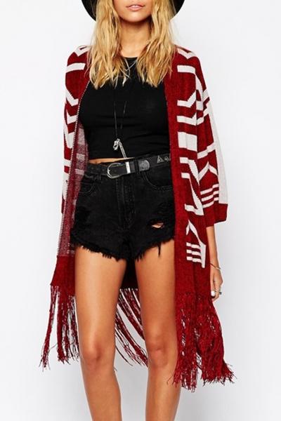 Oasap Exclusive Geometric Printed Tassel Cardigan