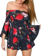 Oasap Women's Slash Neck Off Shoulder Backless Floral Print Romper