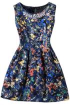 Oasap Butterfly Print Rhinestone Round Neck Sleeveless A-line Dress