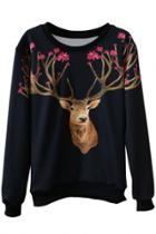 Oasap Sweet Sika Deer Printed Pullover Sweatshirt