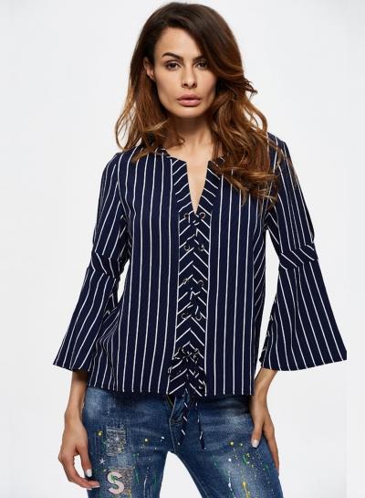 Oasap Flare Sleeve Cut Out Chiffon Striped Blouse