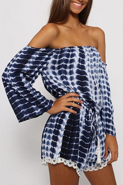 Oasap Boho Print Lace Paneled Off The Shoulder Romper