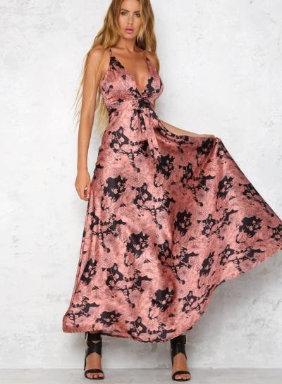 Oasap Spaghetti Strap V Neck Floral Print Backless Maxi Dress