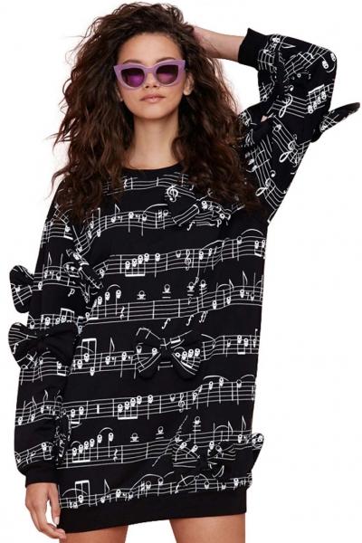 Oasap Black Graphic Sweatshirt With Bow Deco