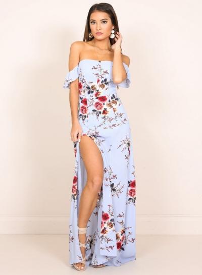 Oasap Floral Off Shoulder Ruffle Sleeve High Slit Maxi Dress