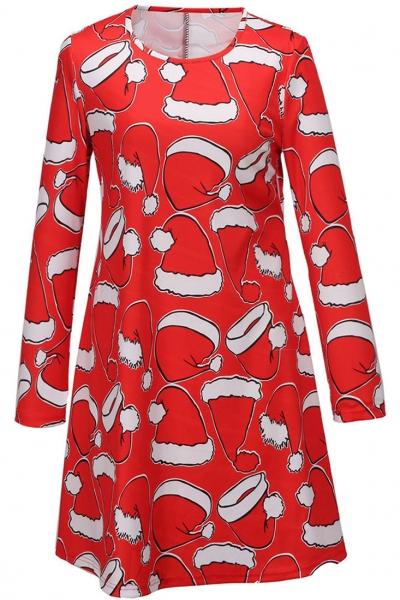 Oasap Modern Round Neck Cartoon Christmas Hat Printing Mini Dress