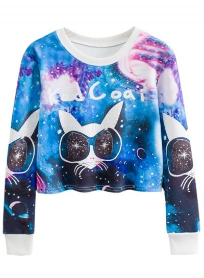 Oasap Women's Cartoon Cat Graphic Round Neck Cropped Knit Sweatshirt