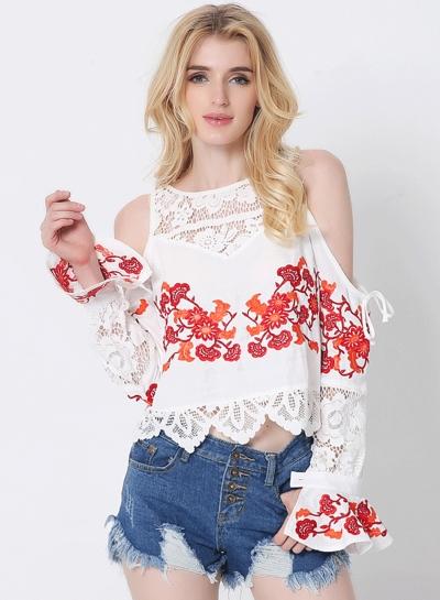 Oasap Round Neck Off Shoulder Floral Embroidery Blouse