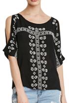 Oasap Women Embroidery Print Open Shoulder 3/4 Sleeve Blouse
