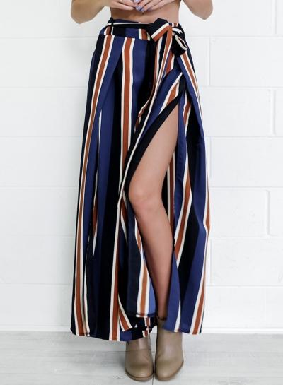 Oasap Lace-up Striped Slit Wide Leg Pants