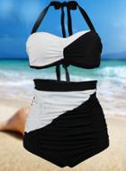 Oasap 2 Piece Color Block Halter Top High Waist Bottom Swimwear