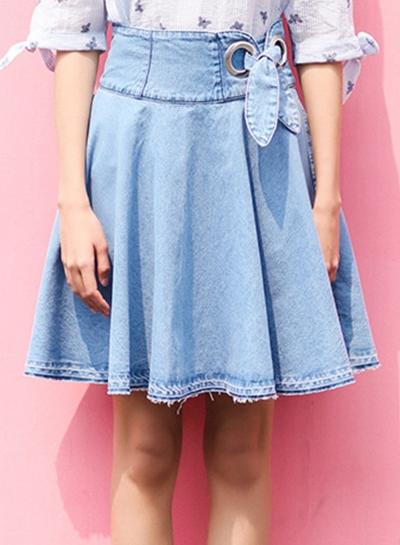Oasap Fashion High Waist Bow A-line Denim Skirt