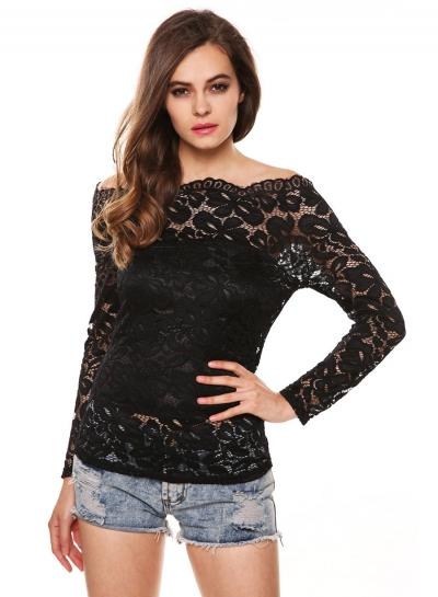 Oasap Solid Color Slash Neck Off Shoulder Lace Tee Shirt