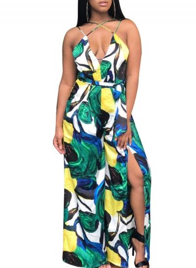 Oasap V Neck Sleeveless Floral Slit Wide Leg Jumpsuit