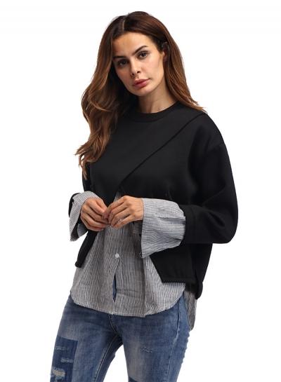 Oasap Round Neck Long Sleeve Striped Splicing Fake Two Piece Tee Shirt