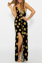 Oasap Sunflower Print Plunging Neckline Backless Midi Dress