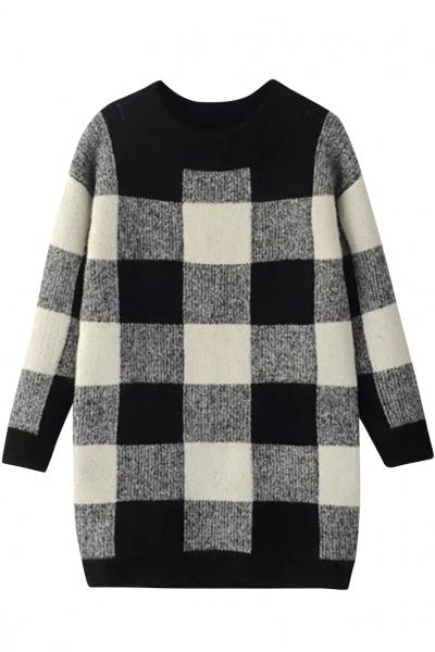 Oasap Faddish Plaid Knit Ribbed Trim Pullover Sweater