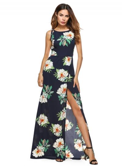 Oasap Round Neck Backless Hollow Out Floral Print Maxi Dress