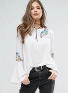 Oasap Floral Embroidery Flare Sleeve Back Button Blouse