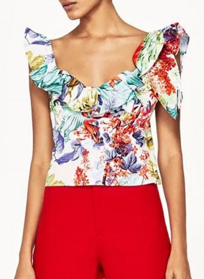 Oasap Sleeveless Ruffle Floral Printed Tank