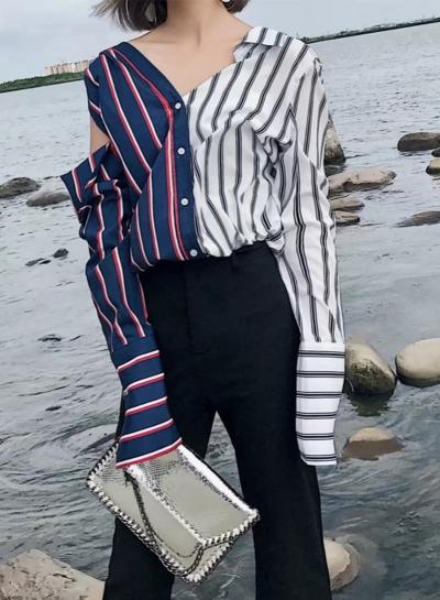 Oasap Contrast Stripe Button Down Irregular Shirt